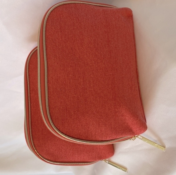 LANCOME Cosmetic Pouch Bag 1 Salmon Gold Zipper Closure Tweed Pattern Makeup NEW - Picture 7 of 8